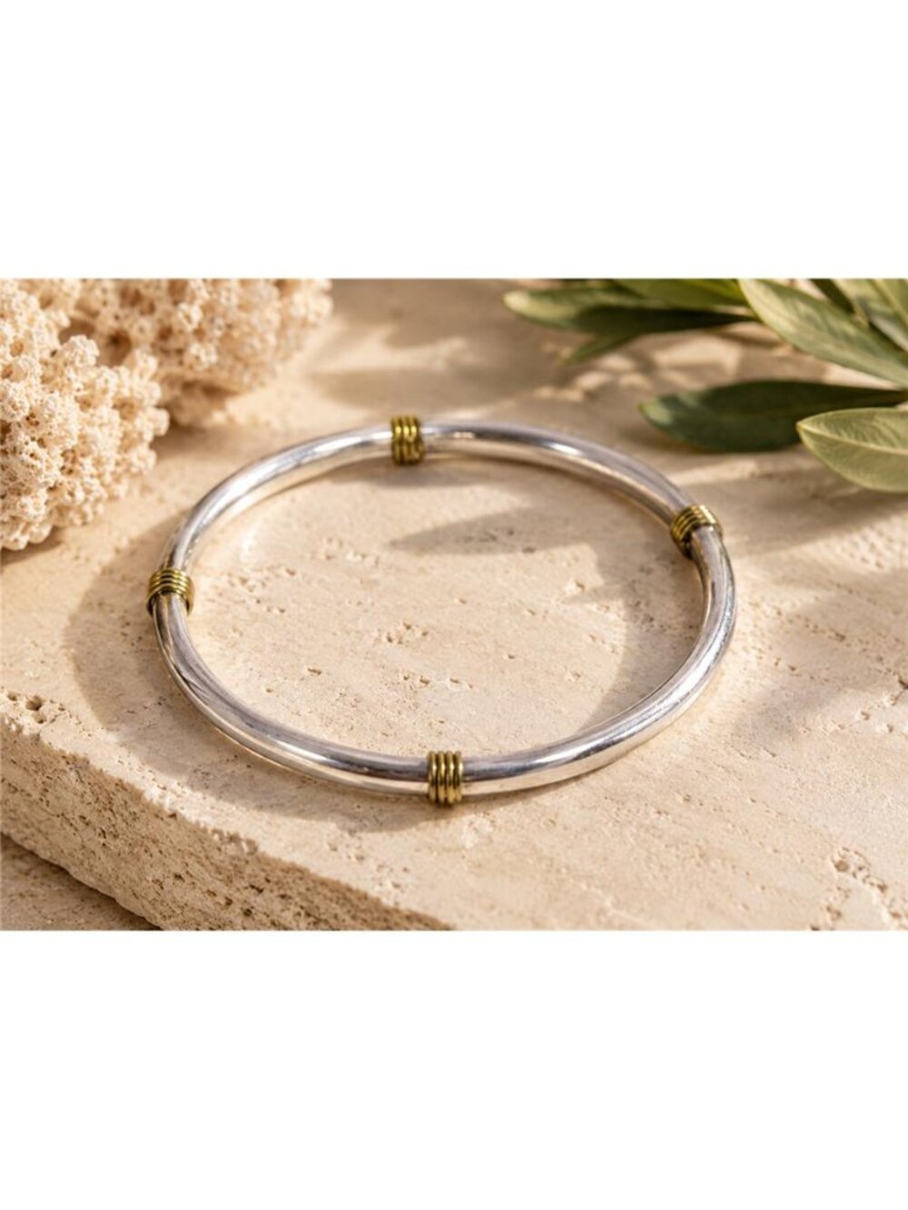 Vtg. Mexico TR-95 925 Sterling Silver Wrapped Brass Accent Bangle Bracelet  7.5”